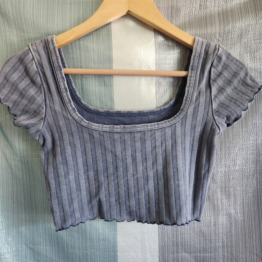 OFFLINE by Aerie OG Original Ribbed Crop Top Blue Mineral Wash Lettuce Edge XS